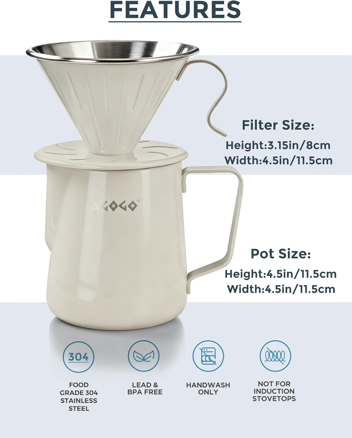AGOGO Portable Pour Over Coffee Maker V60 Set - Easy Cleaning Compact 304 Stainless Steel Dripper for Camping & 50 Filters Paper & Barista Towel- Cream-20oz/600ml