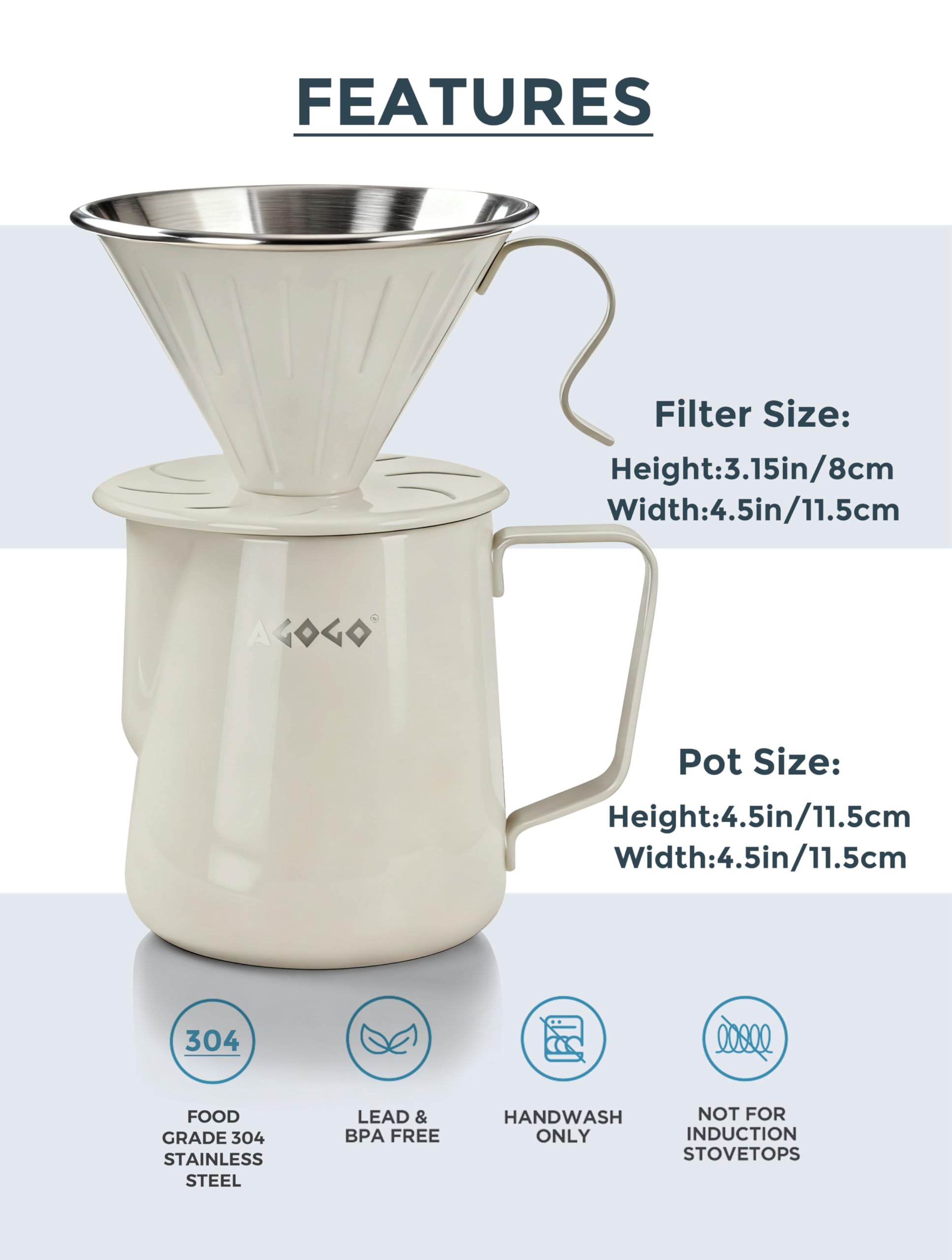 AGOGO Juego de cafetera para camping con filtro de papel de acero inoxidable (crema, 600 ml)