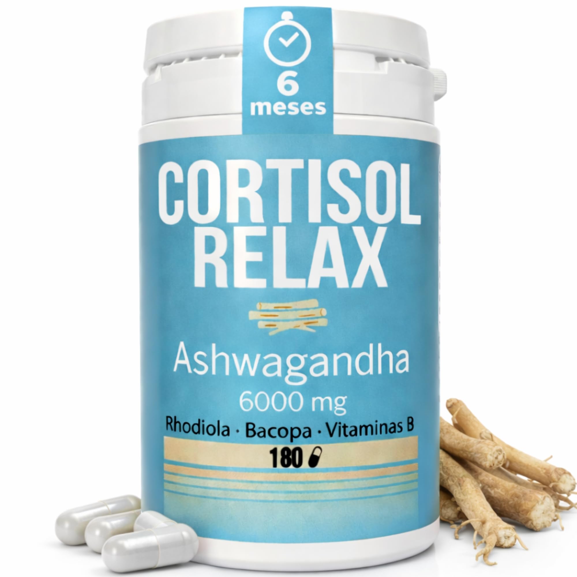 DIETETICA EUROPEA Cortisol RELAX 6 meses - bajar cortisol y estres y ansiedad sin perder energía - ashwagandha y rhodiola + bacopa monnieri - anti estres natural 180 Cápsulas