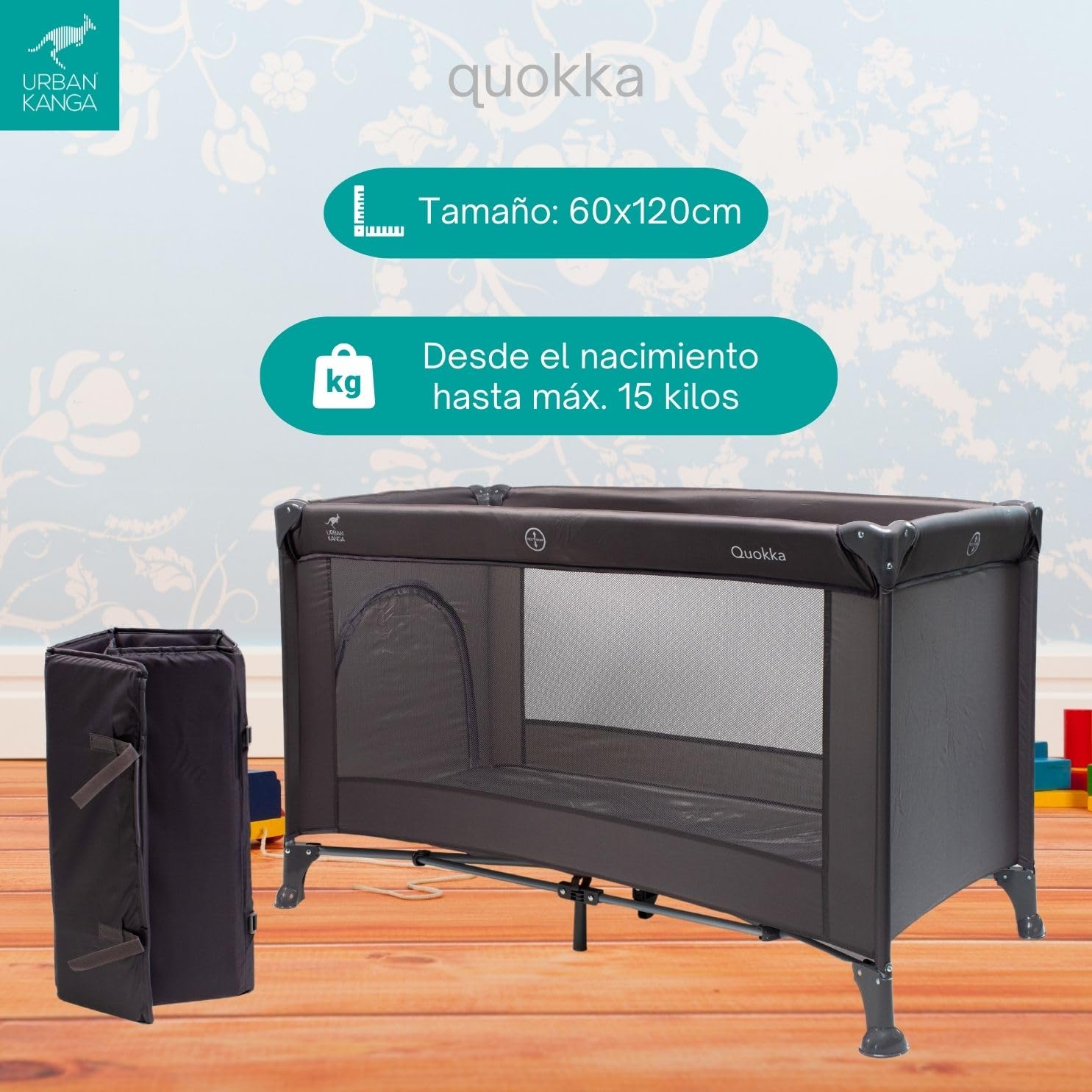 Urban Kanga QK Cuna de Viaje para Bebé con Colchón Plegable y Portátil 60x120cm (Gris, QK)