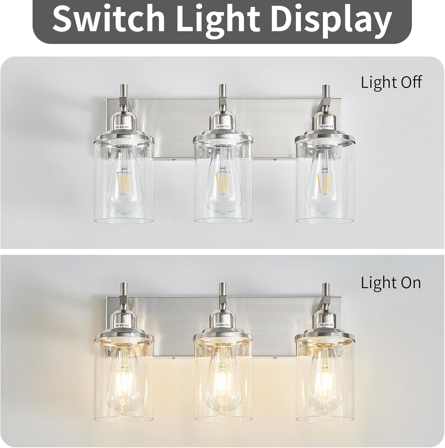Lanhall 3-Light Brushed Nickel Bathroom Light Fixture Over Mirror Modern Bathroom Vanity Light Vintage Wall Lighting with Clear Glass Shade for Bathroom, Bedroom, Hallway, Cabinet