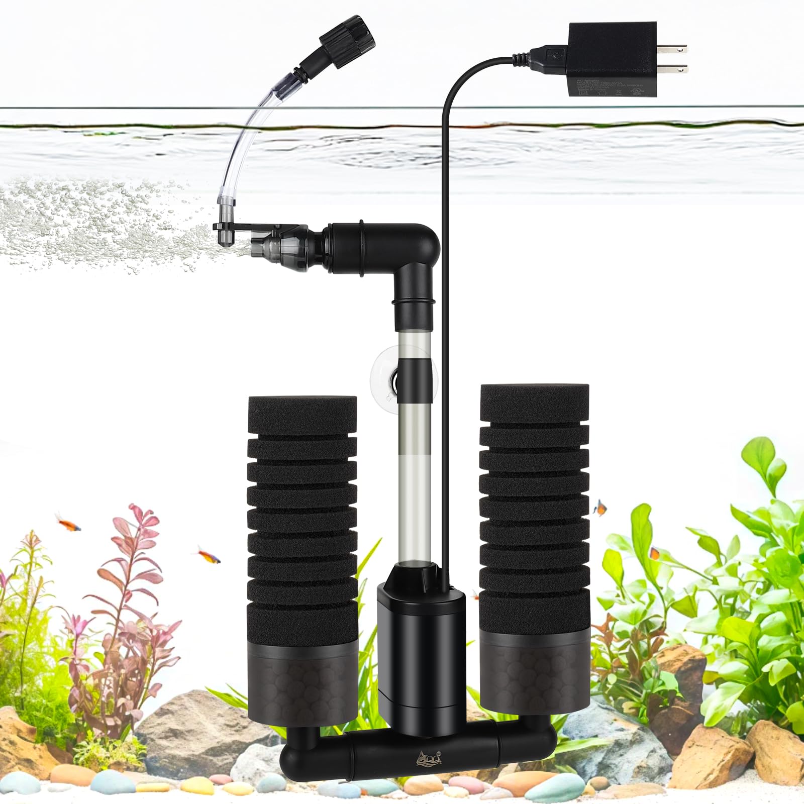 AQQA Electric Sponge Filter for Aquarium – Quiet USB Powered Breeding & Shrimp Filter with Bio Ceramic Media, Adjustable Air Intake & 360&deg; Rotatable Outflow (110V Adapter Included) (S)
