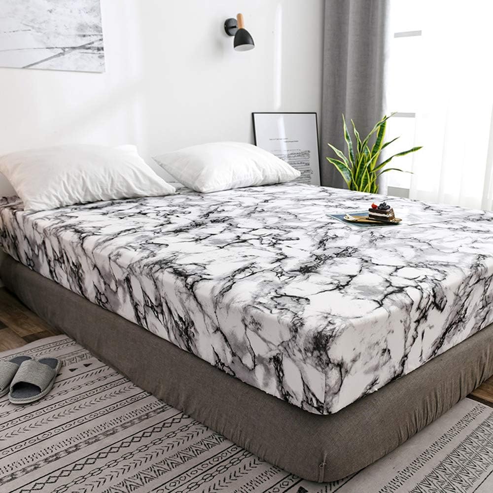 Newest White Mattress Cover with Marble Pattern-3 Sets Non-Slip Bed Quilted Mattress Dust Protector 70.8×78.7×15.7 Inch