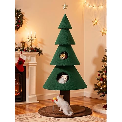 YITAHOME 60 in Christmas Cat Tree for Indoor Cats, Tall Cat Tower Furniture with 2 Large Condos, 5ft Christmas Tree Party Decoration with Cat House and Beds