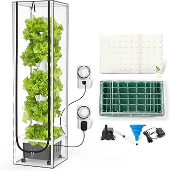 JESLED Hydroponic Tower with Tent, Hydroponics Growing System with 5000K Full-Spectrum Grow Lights, Dual Timers for Auto Watering & Lighting, Grows 45 Herbs & Vegetables, 20L Water Tank, High 66.2"