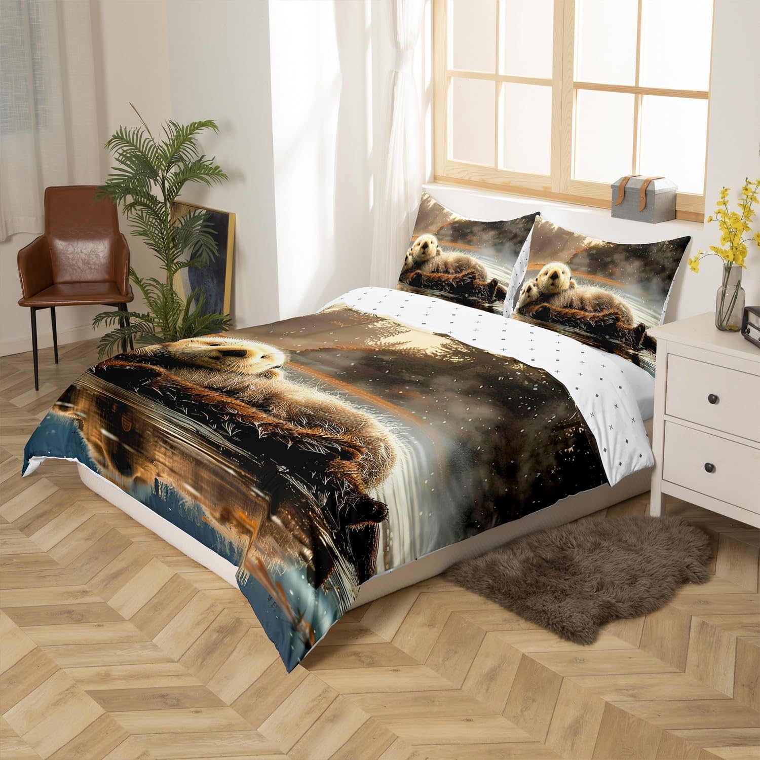 Sea Otter Duvet Cover (NO Comforter),Wildlife Otter Couple Swimming Breathable Comforter Cover for Kids Bedroom Decor,Cute Otter Jungle Adventure Comforter Cover 3 Pcs with 2 Pillowcases Queen Size