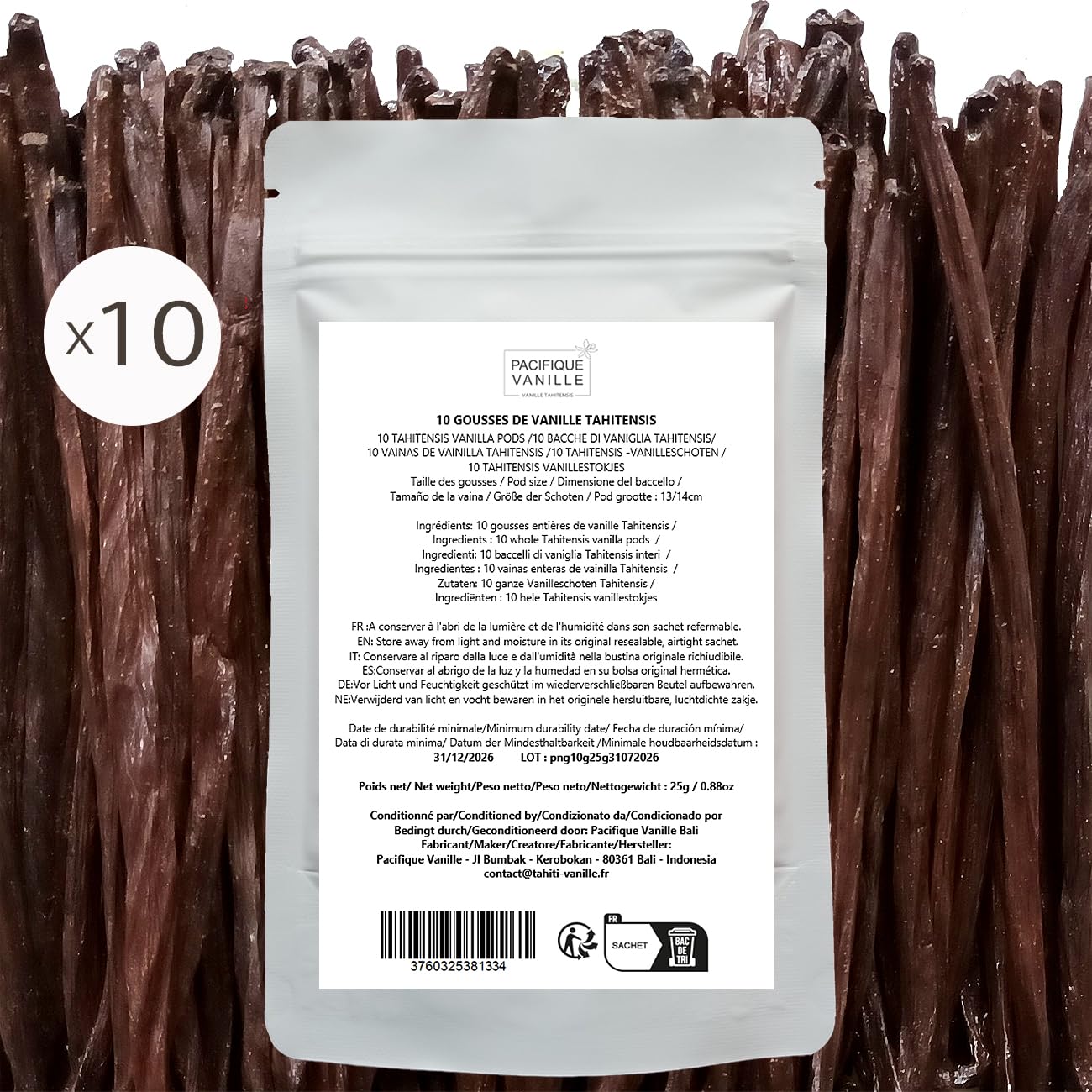 "Pacifique Vanille" 10 baccelli di vaniglia Gourmet Tahitensis 13-14 cm/sacchetto salvafreschezza con cerniera/qualità di grado A / 100% biologico.