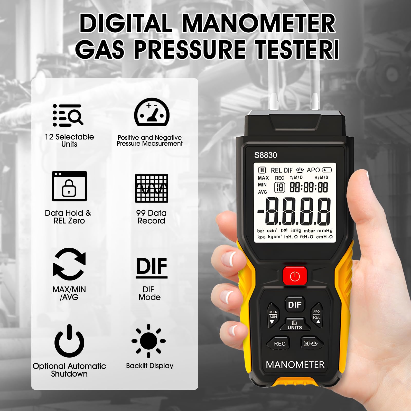 H HOLAPEAK Manómetro digital, ± 36,80 kPa, manómetro de gas HVAC para medir la presión diferencial de sobrepresión presión negativa, manómetro diferencial, 12 unidades seleccionables y 99 memorias de