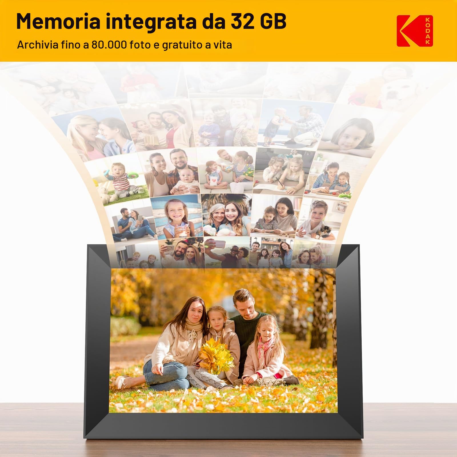KODAK Cornice digitale WIFI 10.1 Pollici, IPS Touch Screen, condividi foto e video tramite e-mail e APP, portafoto digitale con Auto-rotazione, Calendario, Sveglia, tempo metereologico