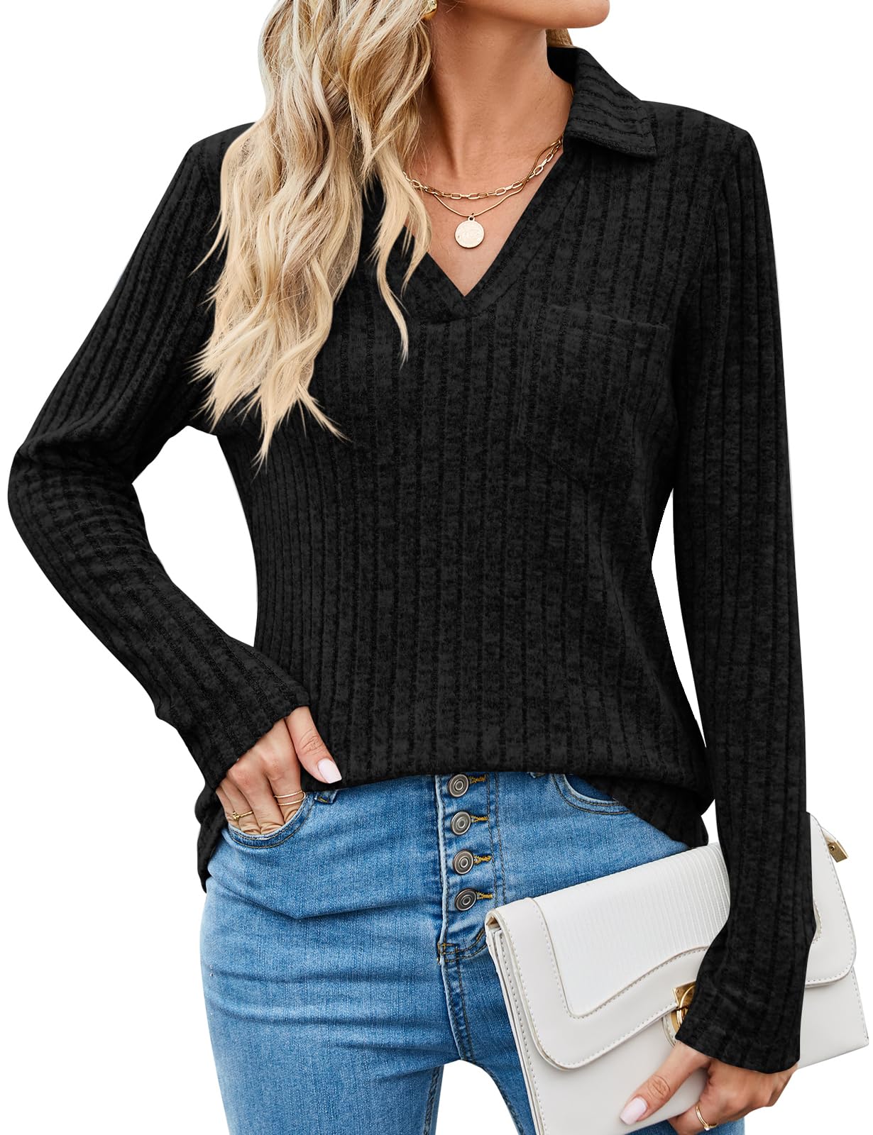 GemulateWomen's Jumpers Plus Size Ladies Jumpers for Women Long Sleeve Tops V Neck Lightweight Jumper Sweatshirt Ribbed Tops S-XXL