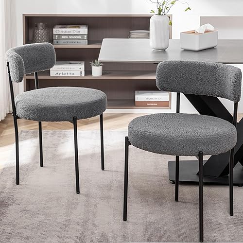 Grey Boucle - Juego de 2 sillas de comedor tapizadas con patas de metal negro, silla de comedor redonda moderna para comedor, cocina