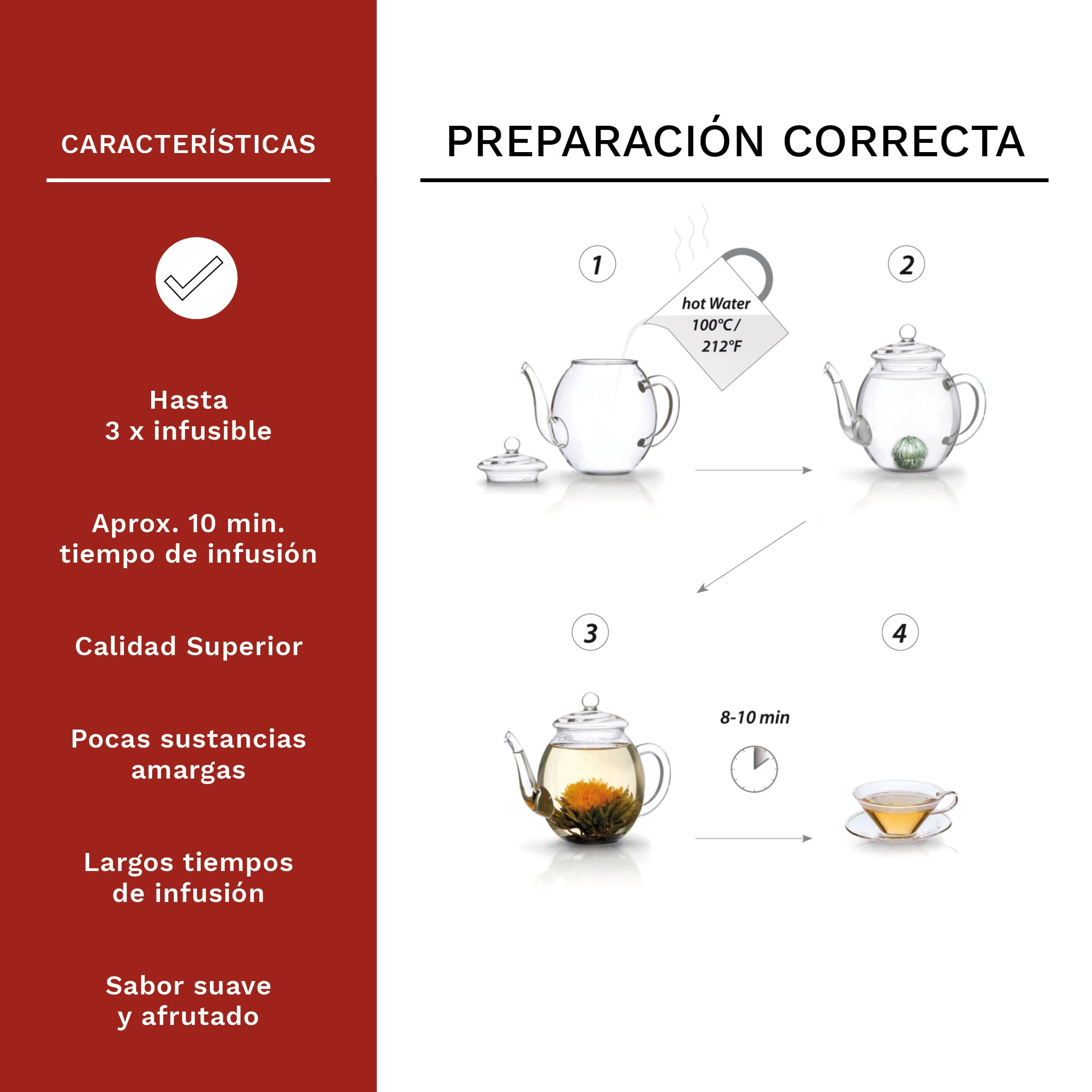 Creano Flores de Té Blanco 6 uds – Cofre de Madera con Tetera de Vidrio 500ml Antigoteo – Set de Lujo para Regalo – Té en Flor Hecho a Mano