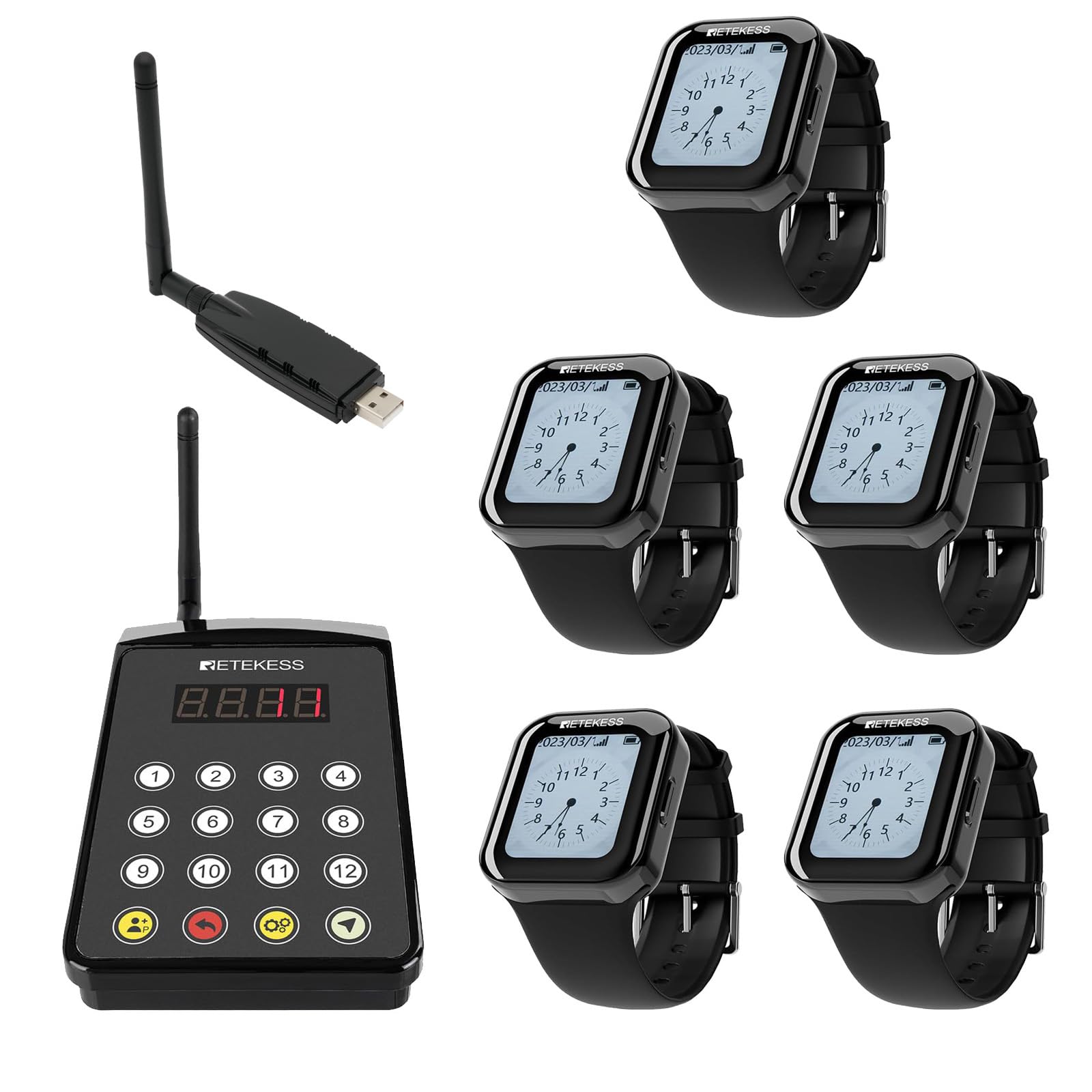 Retekess TD113 Sistema di Chiamata per Camerieri, Cercapersone per Ristoranti, Trasmettitore con Tastiera, Orologio con Ricarica Magnetica e Impermeabile IP67, 80 m, Adatto per Hotel e Chef