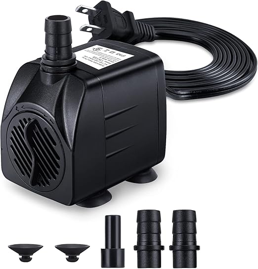 Fountain Pump, 160GPH(10W 600L/H) Submersible Water Pump, Durable Outdoor Fountain Water Pump with 7.2ft(2.2m)Power Cord, 3 Nozzles for Aquarium, Pond, Fish Tank, Water Fountain Pump