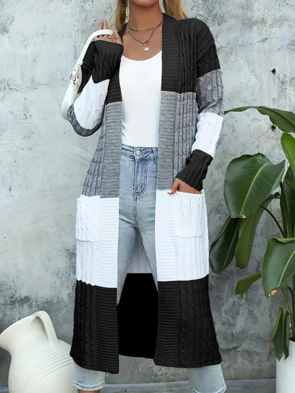 Womens Color Block Cardigan Sweater Long Duster Open Front Sweater in Chunky Cable Knit Plus Size Cardigan - Image 3