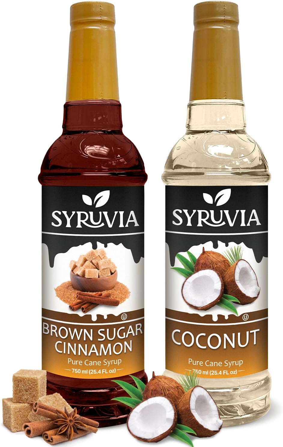 Syruvia Coffee Syrup Variety Pack - Brown Sugar Cinnamon & Coconut- Gluten-Free, Kosher, 25.4 fl oz Bottles - Enhance Your Coffee Experience with Premium Flavoring Syrups