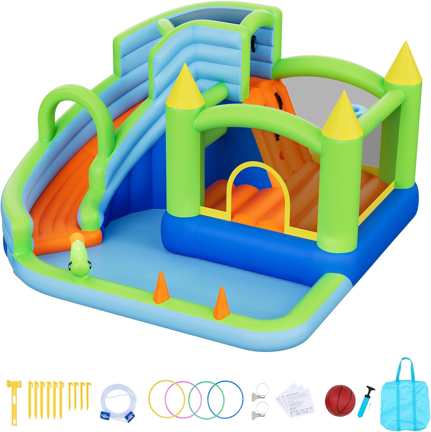 VEVOR Bounce House for Kids, Inflatable Bounce House with Air Blower, Water Slide, Bouncer Castle with Castle Bounces, Basketball Hoop, Splash Pool & Water Ring Toss, for 3 to 4 Kids Ages 3 to 8