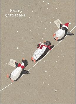 Tree-Free Greetings Holiday Greeting Cards, Penguin Woo Hoo Merry Christmas, Vintage Brown Recycled Paper, Boxed Note Card Set, 10-Pack HB93306