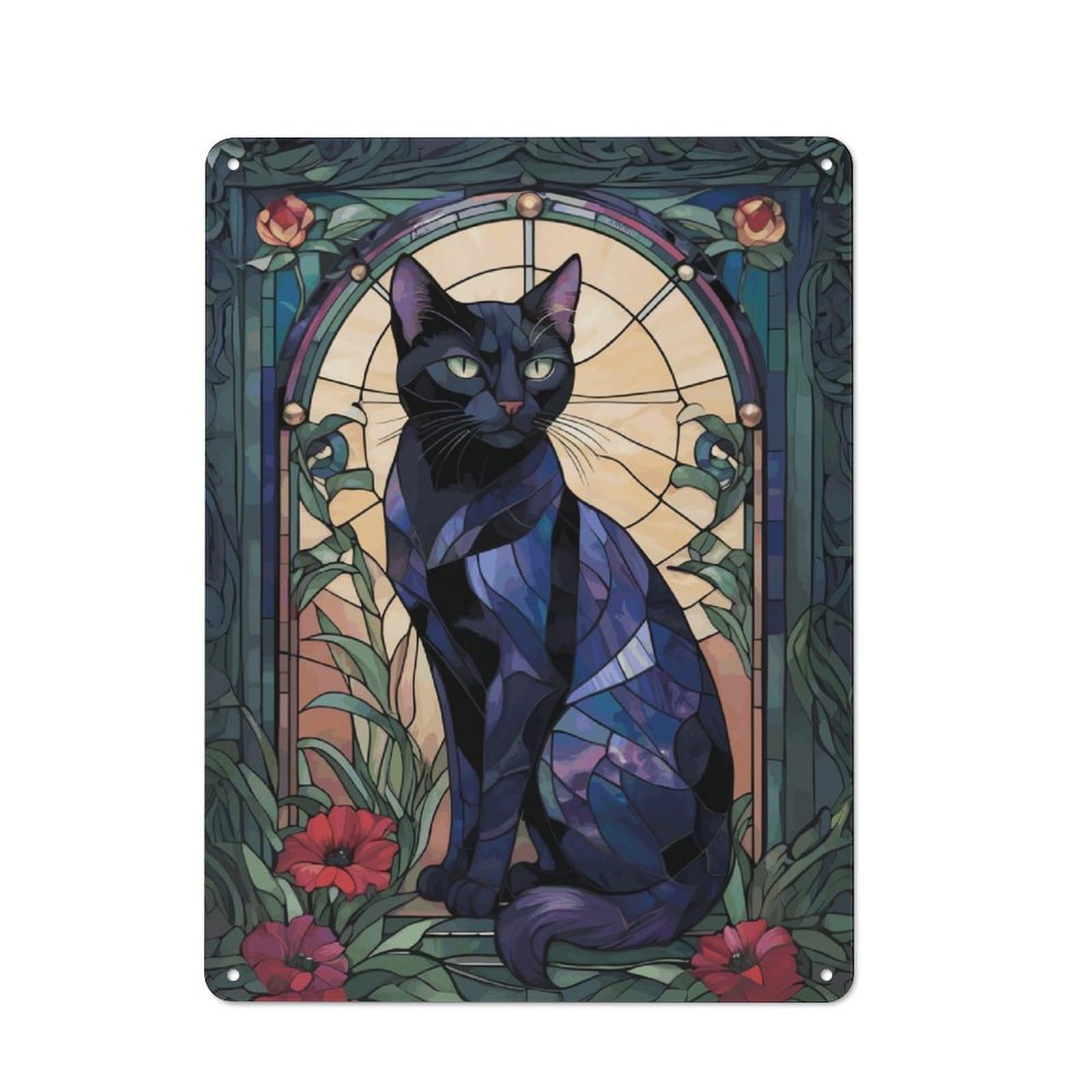 Junmoney Black Cat Stained Glass Rustic Tin Sign 40X30cm For Café Or Restaurant, For Café Owners And Decorators, For Retro Home Interiors