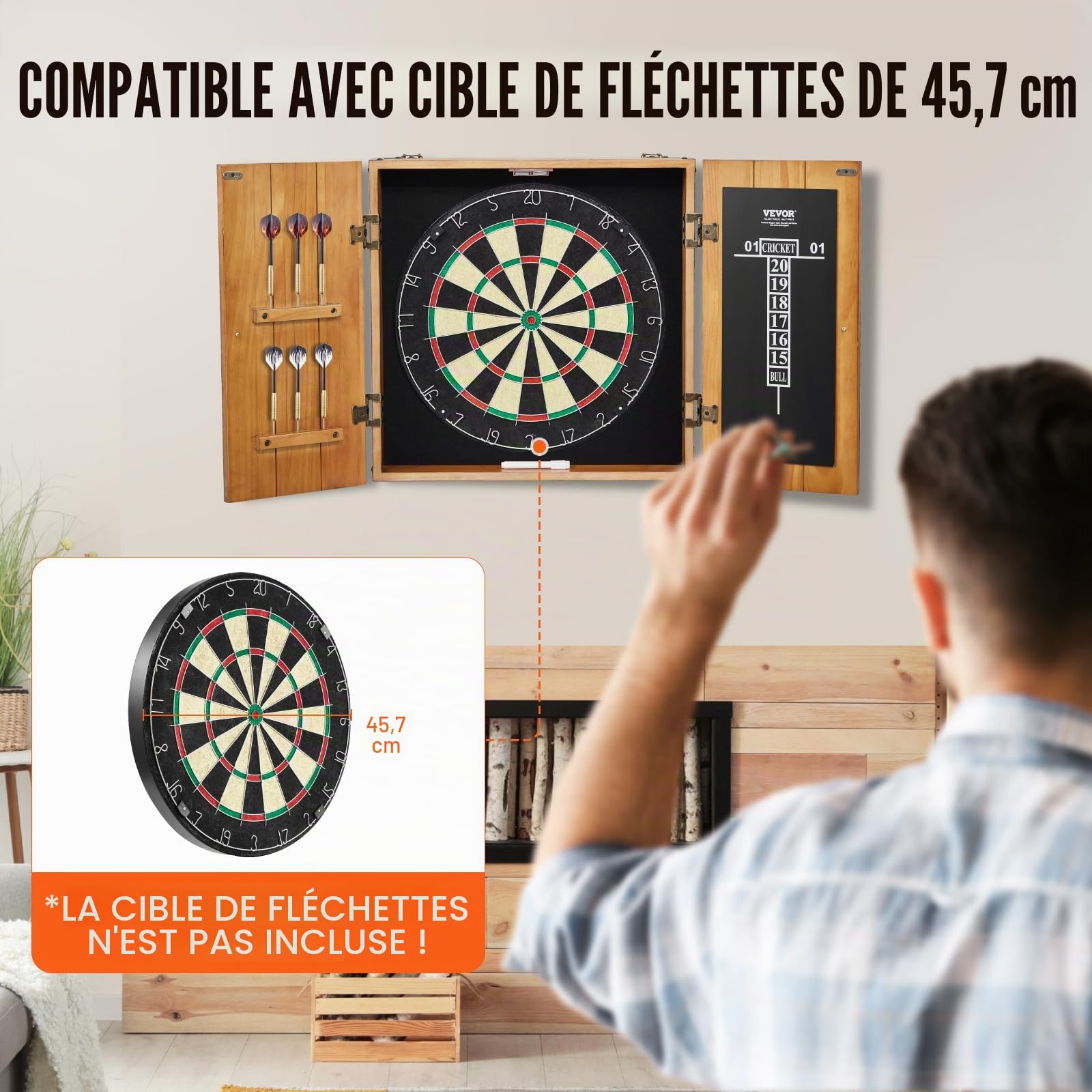 VEVOR Armoire à Fléchettes en Bois Massif, Coffret Dissimulée de Taille Officielle avec Tableau de Score et Accessoires, Assemblage Facile, pour Jeux de Cricket (Cible de Fléchettes Non Incluse)