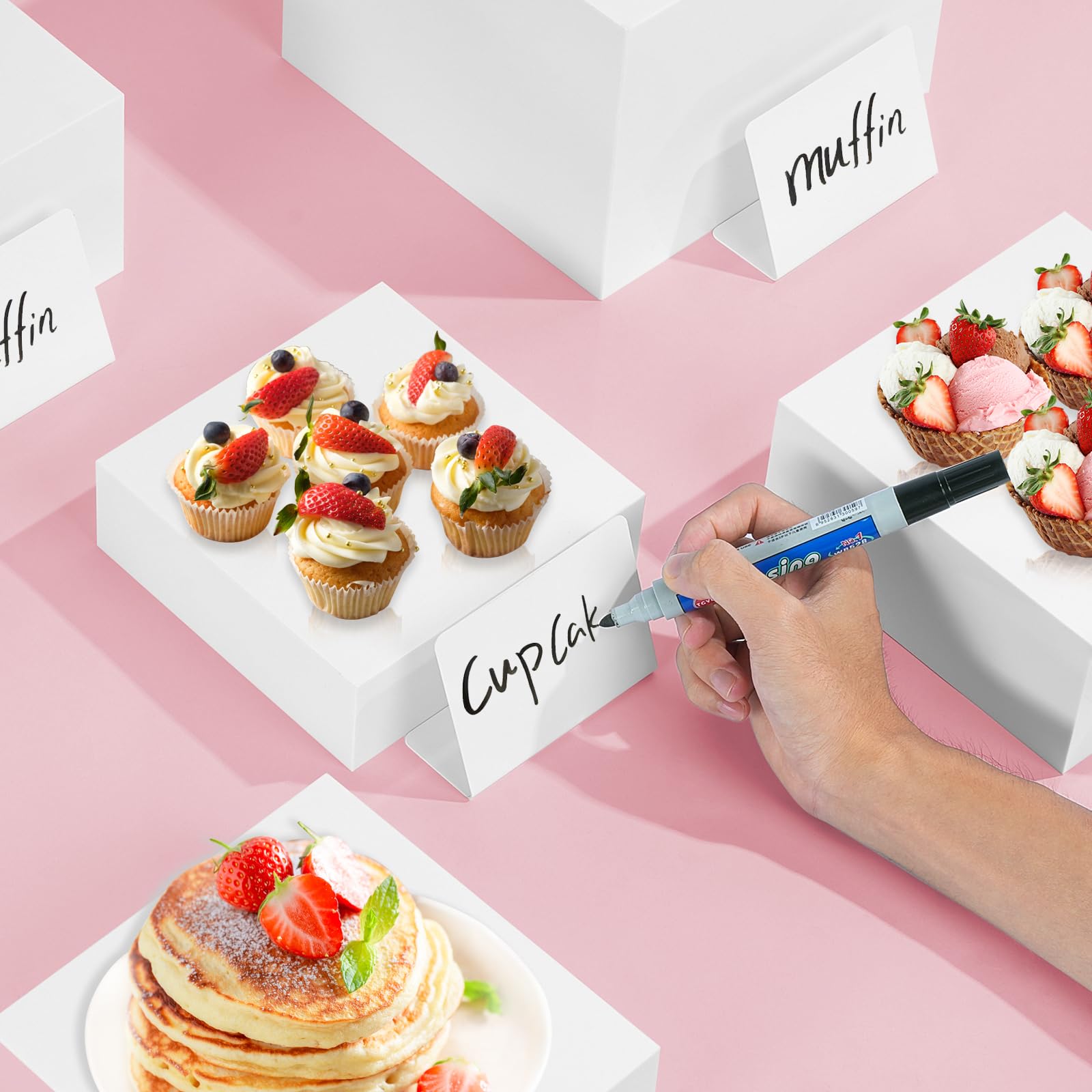 Lot de 4 rehausseurs de buffet en acrylique avec mini panneaux de buffet - Présentoir de table - Différentes tailles - Présentoir alimentaire pour figurines de collection