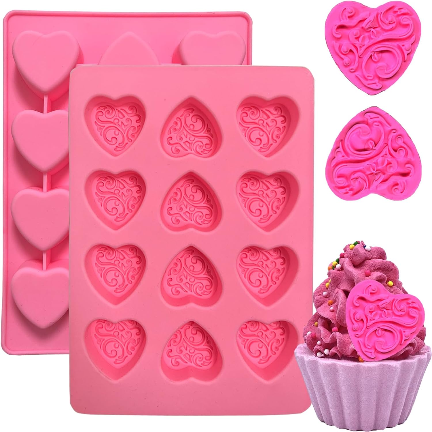 2 Pack Heart Silicone Molds, 12 Cavity Heart Shaped Silicone Mold For Chocolate, Hearts Shaped Chocolate Molds, Ice Cube Trays for Baking, Candy, Candles, Pink