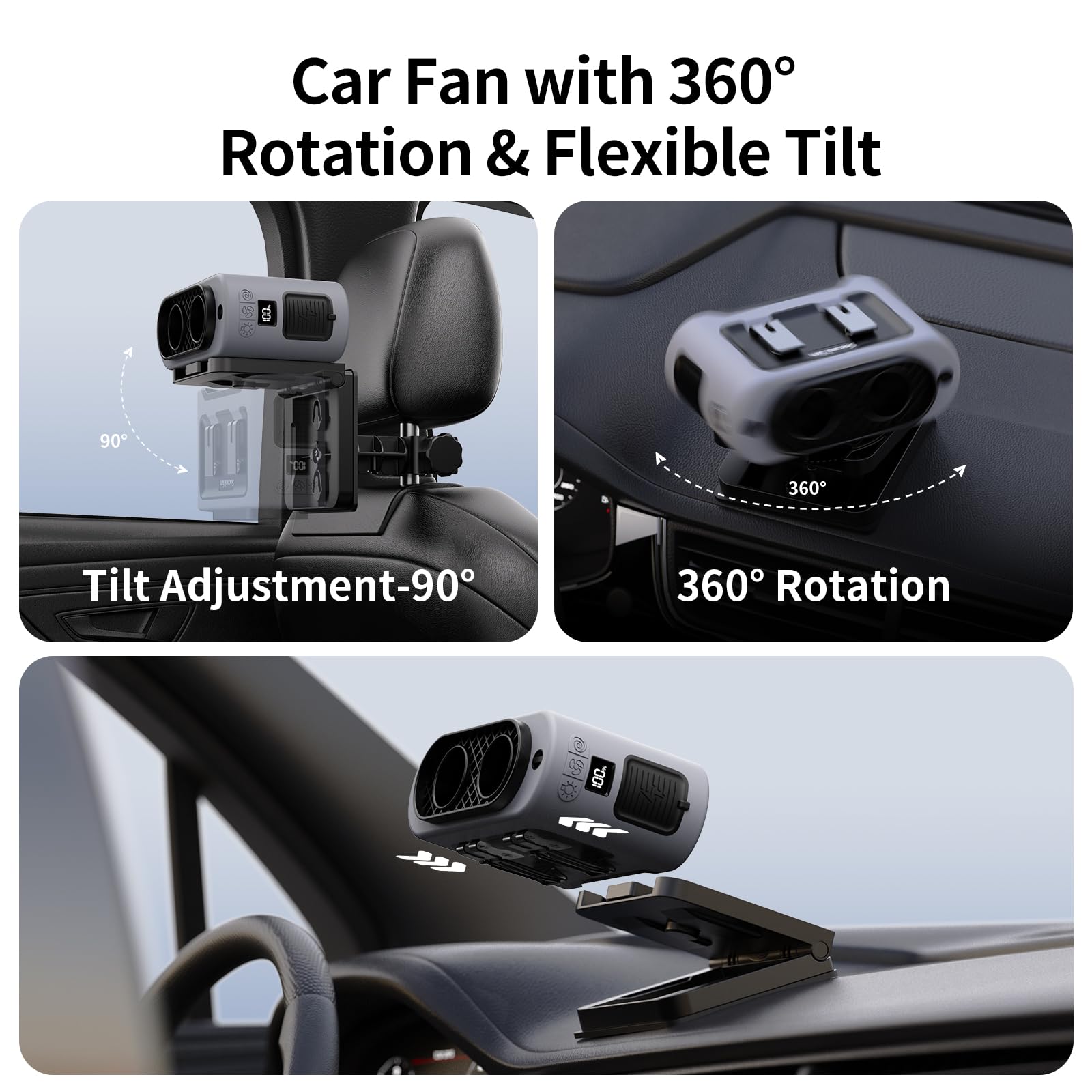 Socool Ventilatore portatile per auto, 14500 mAh, batteria ricaricabile, con clip sul poggiatesta del sedile dell'auto, girevole a 360°, ventole per sedile posteriore a 5 velocità, per raffreddamento