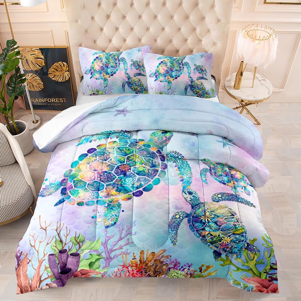 DYcolor Deep Blue Sea Turtle Bedding Quilt, 3-Piece Tropical Fish Coral Reef Sea Creatures Comforter Set with 1 Comforter and 2 Pillow Cases for Kids, Teens (06, Queen)