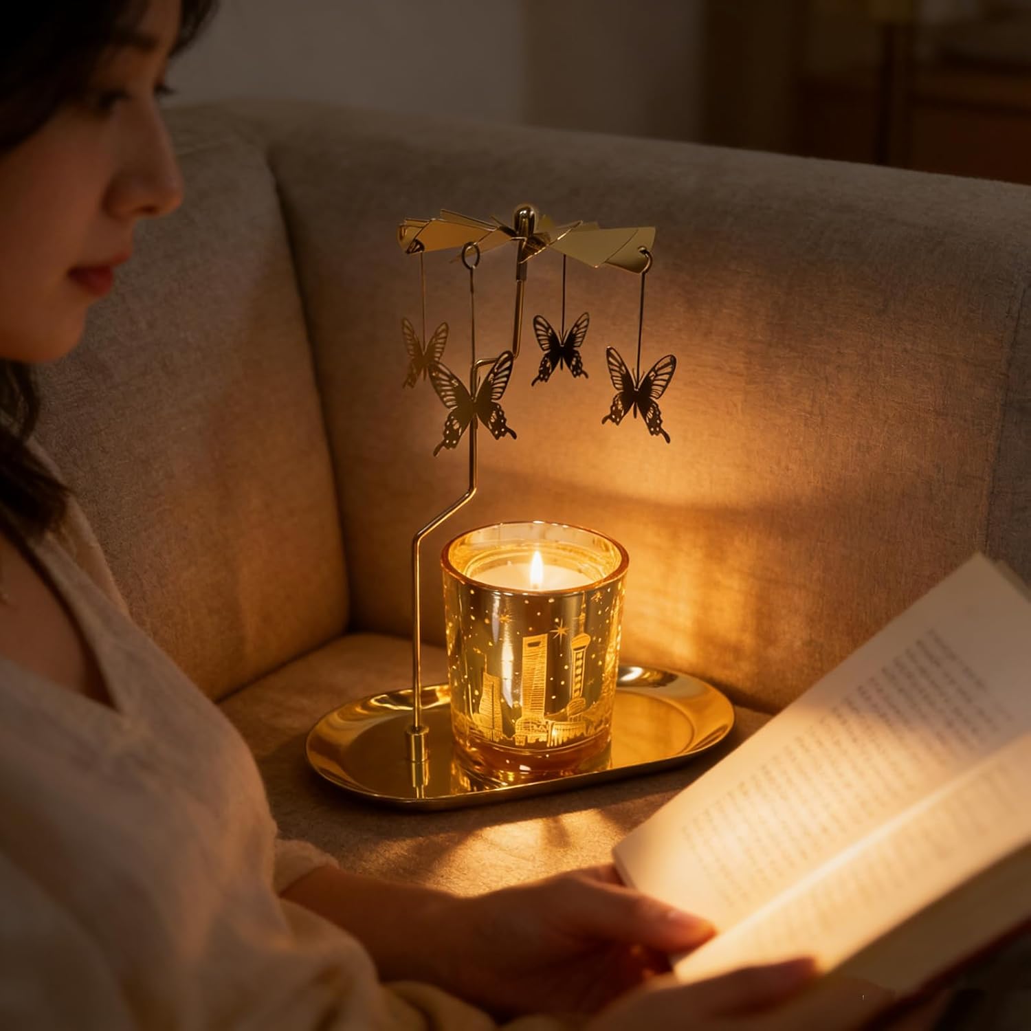 Carousel Candles Holder Rotary Aromatherapy Candle Gift for Women - Birthday, Mother's Day, Easter Present for Mom, Wife, Girlfriend, Sister, Mother-in-Law (Golden Butterfly)