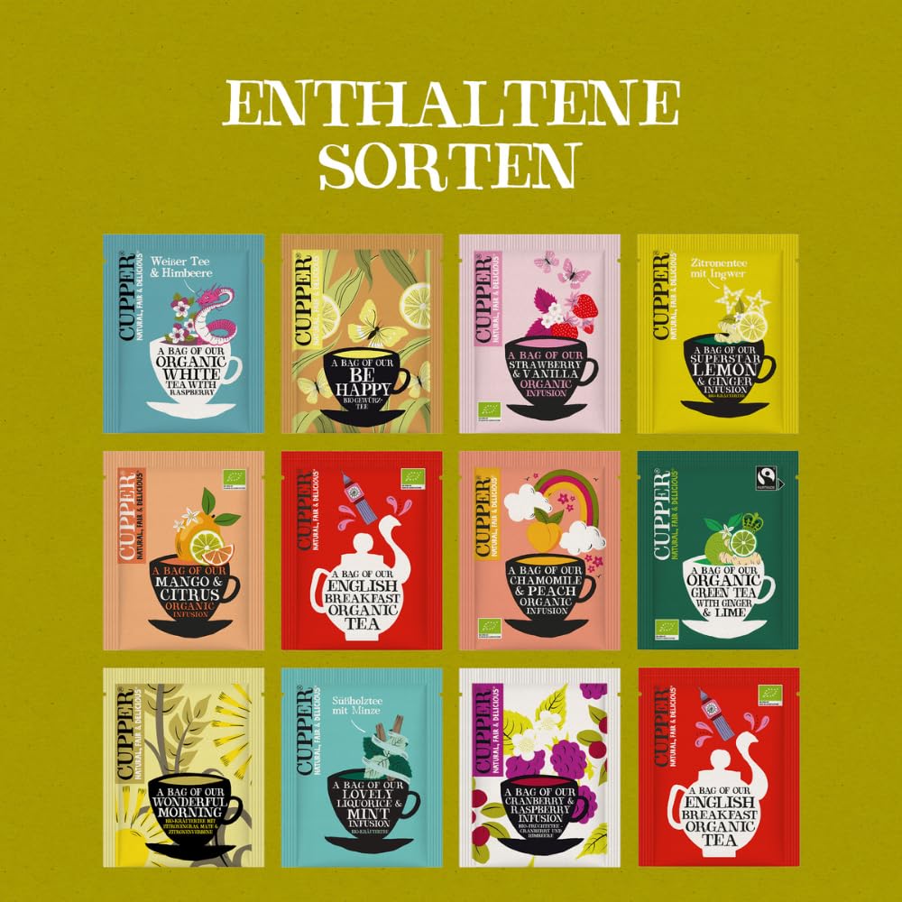 Cupper Bio Tee Probierbox | 11 Sorten | 180 Teebeutel Geschenkset | Kräuter-, Früchte- & Grüntee | plastikfrei | fair gehandelt | Geschenk für Teeliebhaber