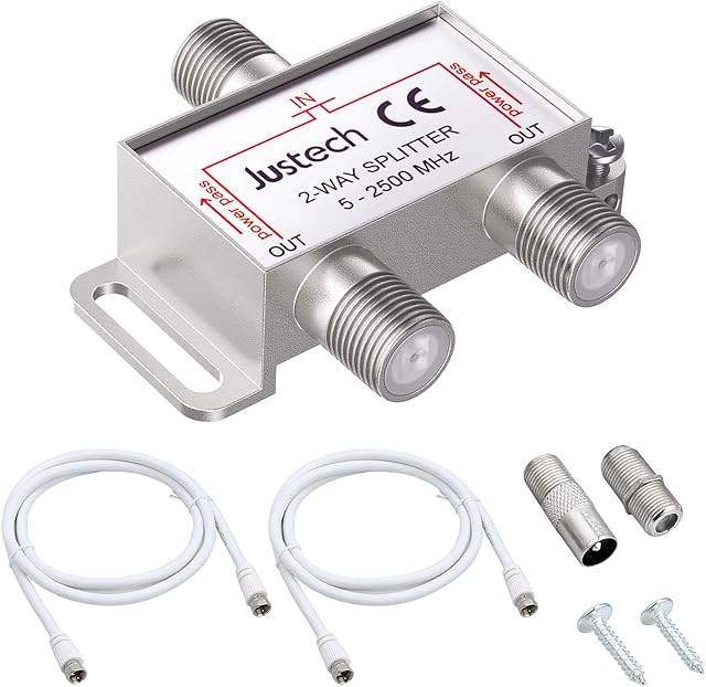 Justech TV Aerial Splitter 2 Way Satellite Splitter Metal F Type Coax Splitter 2500MHz with 1.5m Coax Cable F Plugs for Telewest Eurovox Starview Dreambox
