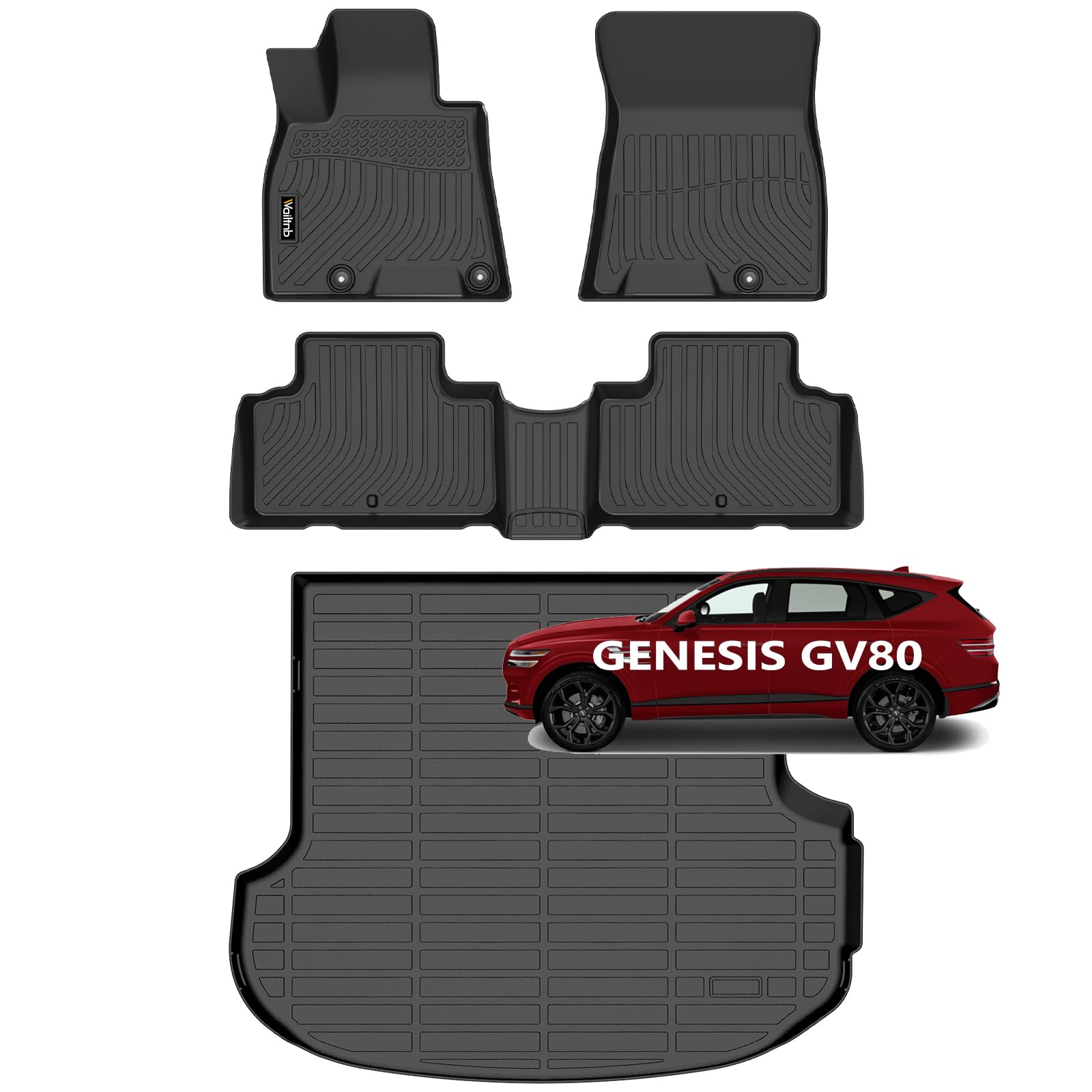 Bodenmatten & Kofferraumwanne für Genesis GV80 2021-2024, 5-Sitzer Gasmodell (nicht G80), wasserdicht, langlebig, Allwetter-Auto-Bodenauskleidung, passgenau für GV80, Zubehör, Schwarz