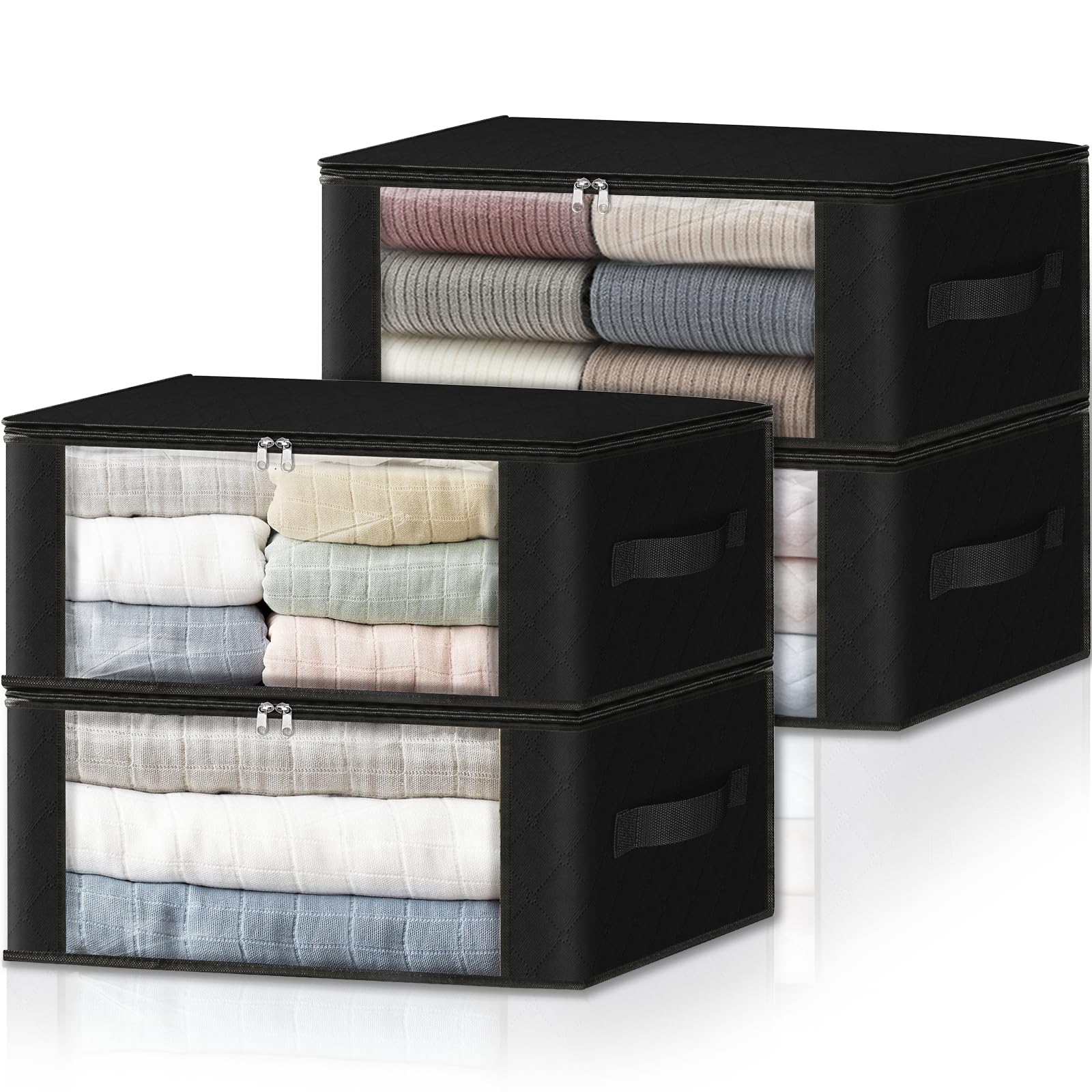 HomeHacks Storage 4-Pack Clothes Organizer Storage Bags Foldable Storage Box with Large Clear Window Sturdy Handles for Closet, Dorm, Pillows, Bedding, Clothes, Blankets, 35L, Black