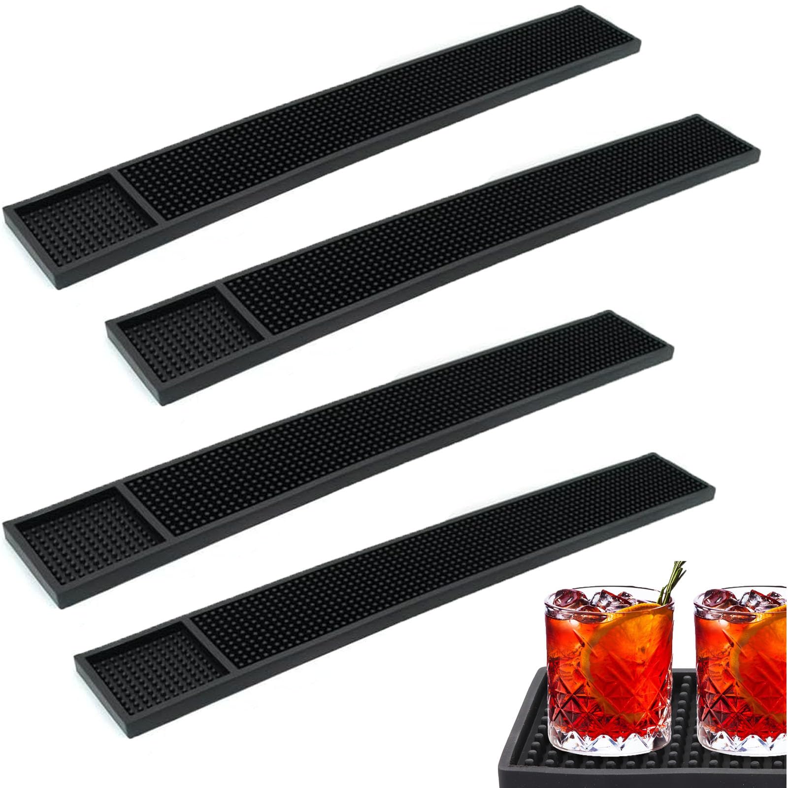 GBACHOOSE 4 Pcs 60 x 8cm Rubber Bar Service Mat, 23 x 3 Inch Black Narrow Bar Mat, Non Slip PVC Bar Mat for Home Bar Counter Top — image 1