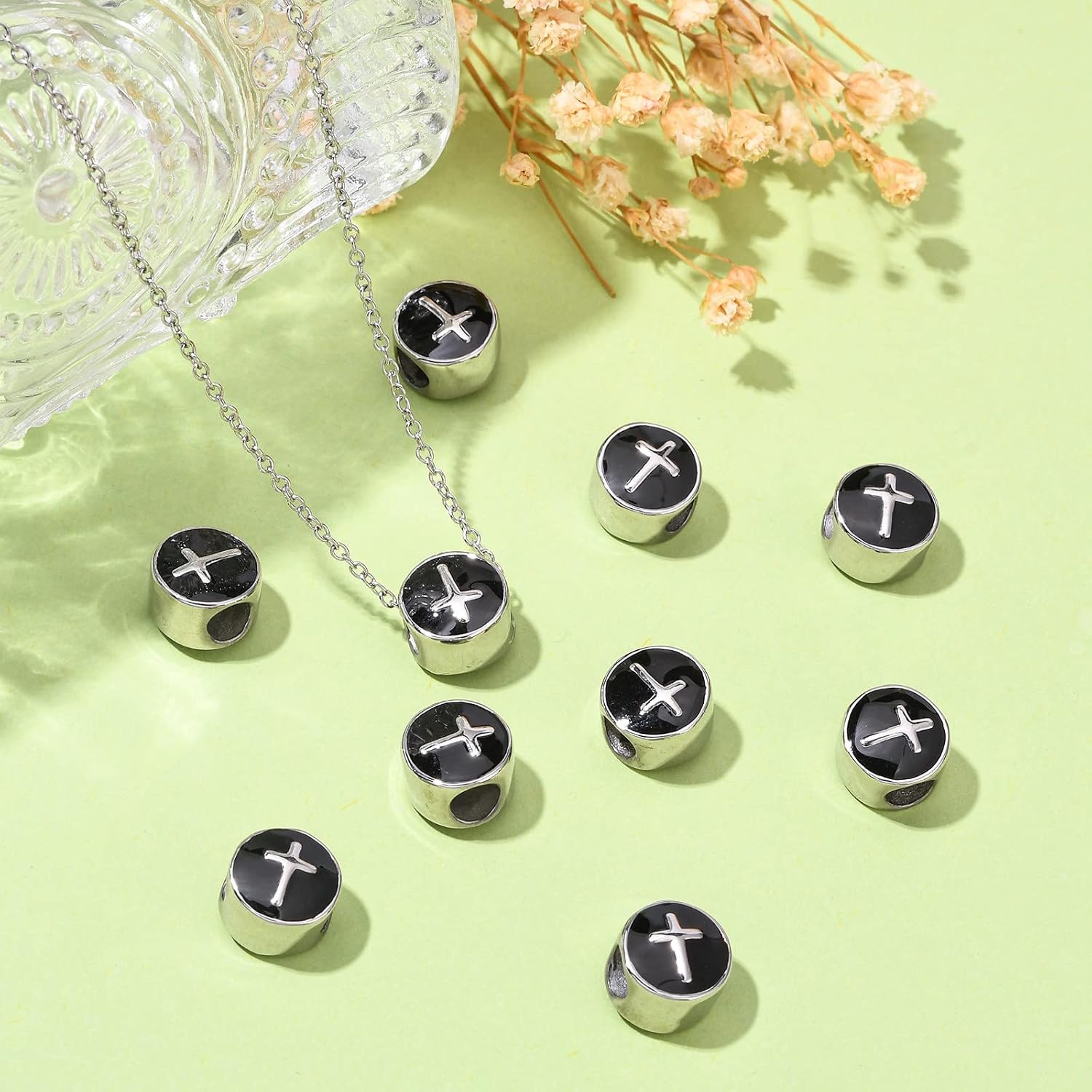 LiQunSweet 10 Pcs Stainless Steel European Beads Enamel Black 5mm Large Hole Beads Flat Round Cross Bead Spacer for Jewelry Making - 11x8mm