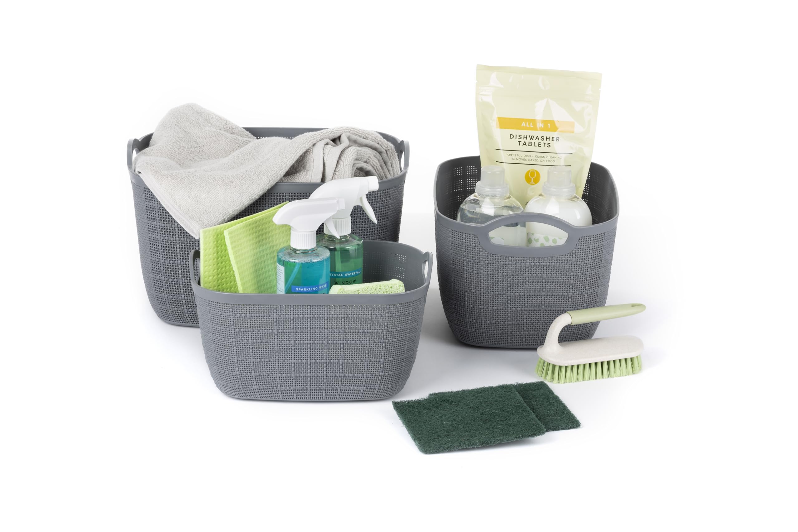 Livivo Grey Set Of 3 Storage Basket Juti 11L – Stackable Bpa Free Multipurpose Organiser Bins For Kitchen, Bathroom, Living Room, Bedroom, Desk, Makeup, Cosmetics, Home & Office (Small)