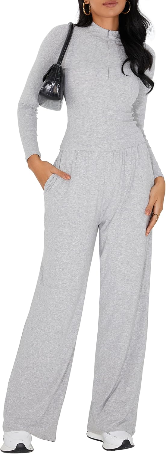 iGENJUN Women's 2 Piece Sets Fall Winter Long Sleeve Lapel Half Zip Shirts Wide Leg Pants Lounge Tracksuit Matching