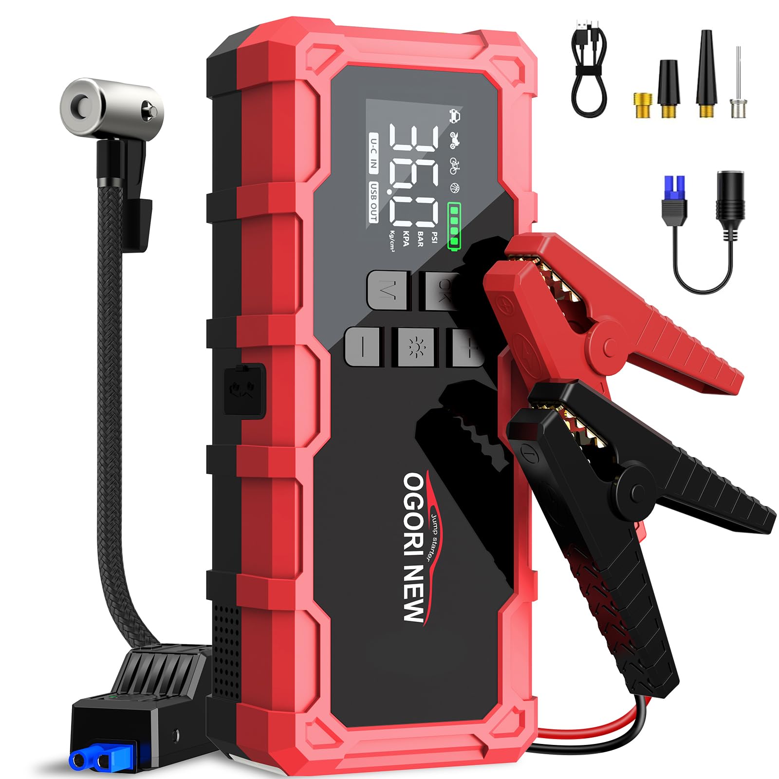 Arrancador de Coche 8000A,Arrancador de Baterias para Coche 12V con Compresor Aire Portatil(para 10L de Gasolina o 8L de Diésel),Jump Starter con Pinzas de Seguridad Inteligentes/luz LED