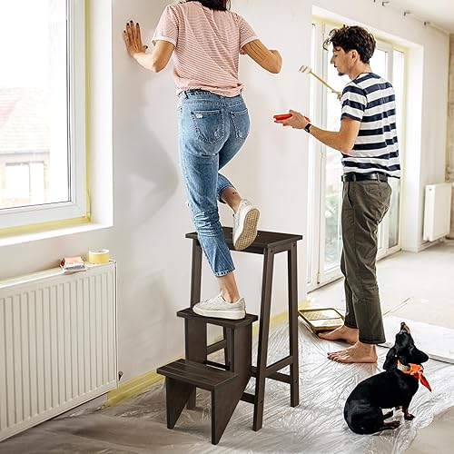Miniatura 2 de Taburete plegable de madera de 3 escalones, escalera antideslizante portátil, escalera plegable de madera, estante de flores multifuncional y silla