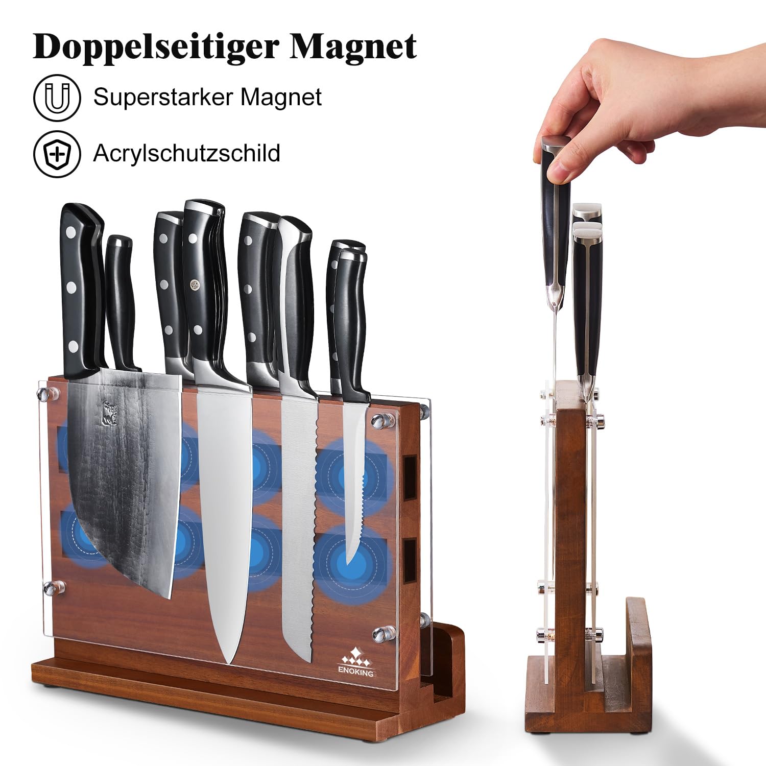 ENOKING Grande Porta Coltelli Cucina 31 x 23,5cm, Ceppo Porta Coltelli Doppio Lato MaGnetico con Schermo Acrilico, Premium Ceppo Coltelli Vuoto, Portacoltelli da Cucina in Legno di Acacia