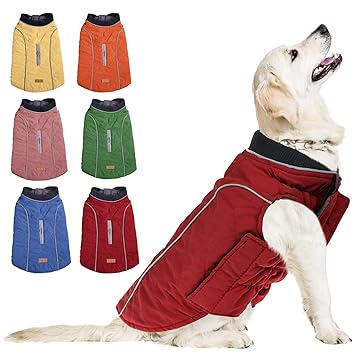 KOESON Windproof Dog Cold Weather Coat, Reflective Pet Winter Thick Warm Outdoor Jacket with Harness Hole, Comfy Cotton Apparel Padded Vest for Small Medium Large Dogs Red XL