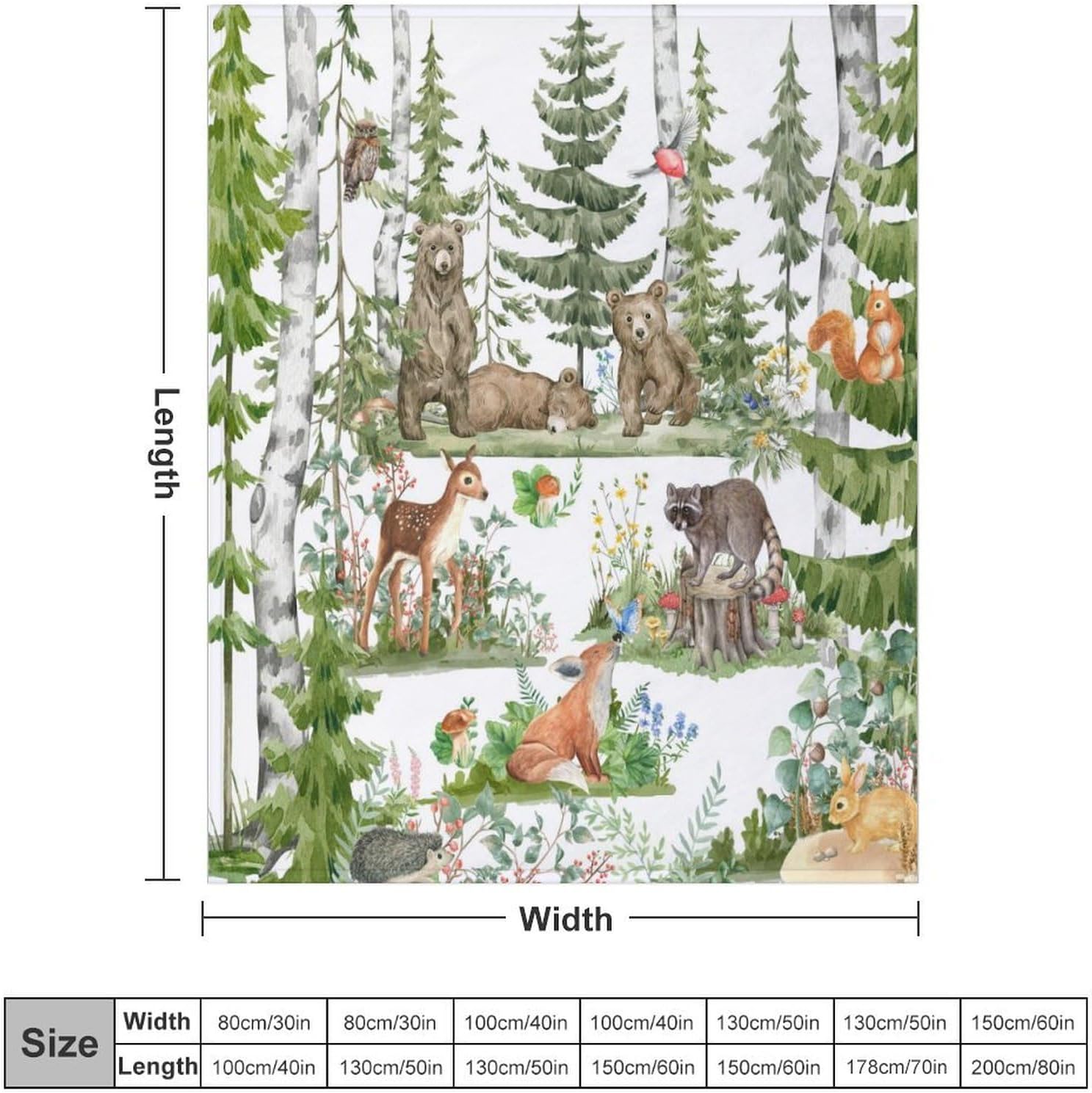 Forest Animal Blanket Watercolor Wild Animal Bear Fox Deer Kids Green Woodland Tree Print Blanket for Girls Kids Room Nursery Couch Sofa Bed Decorative Gifts 50x60