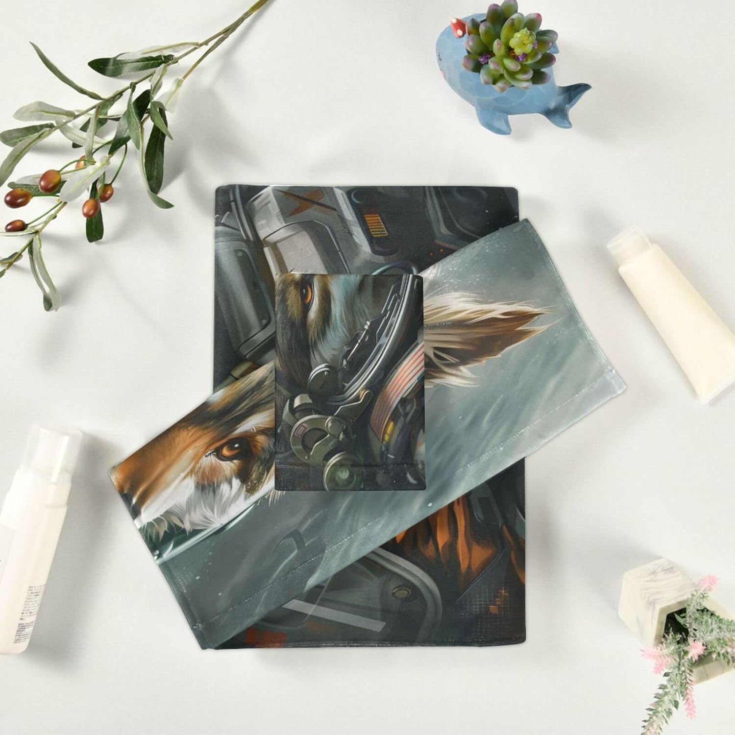 A Cute Space Wolf Bath Towel Set Luxury Decorative Set of 3, 1 Bath Towel 1 Hand Towel 1 Washcloth Soft Multipurpose for for Bathroom Hotel Gym Yoga Spa