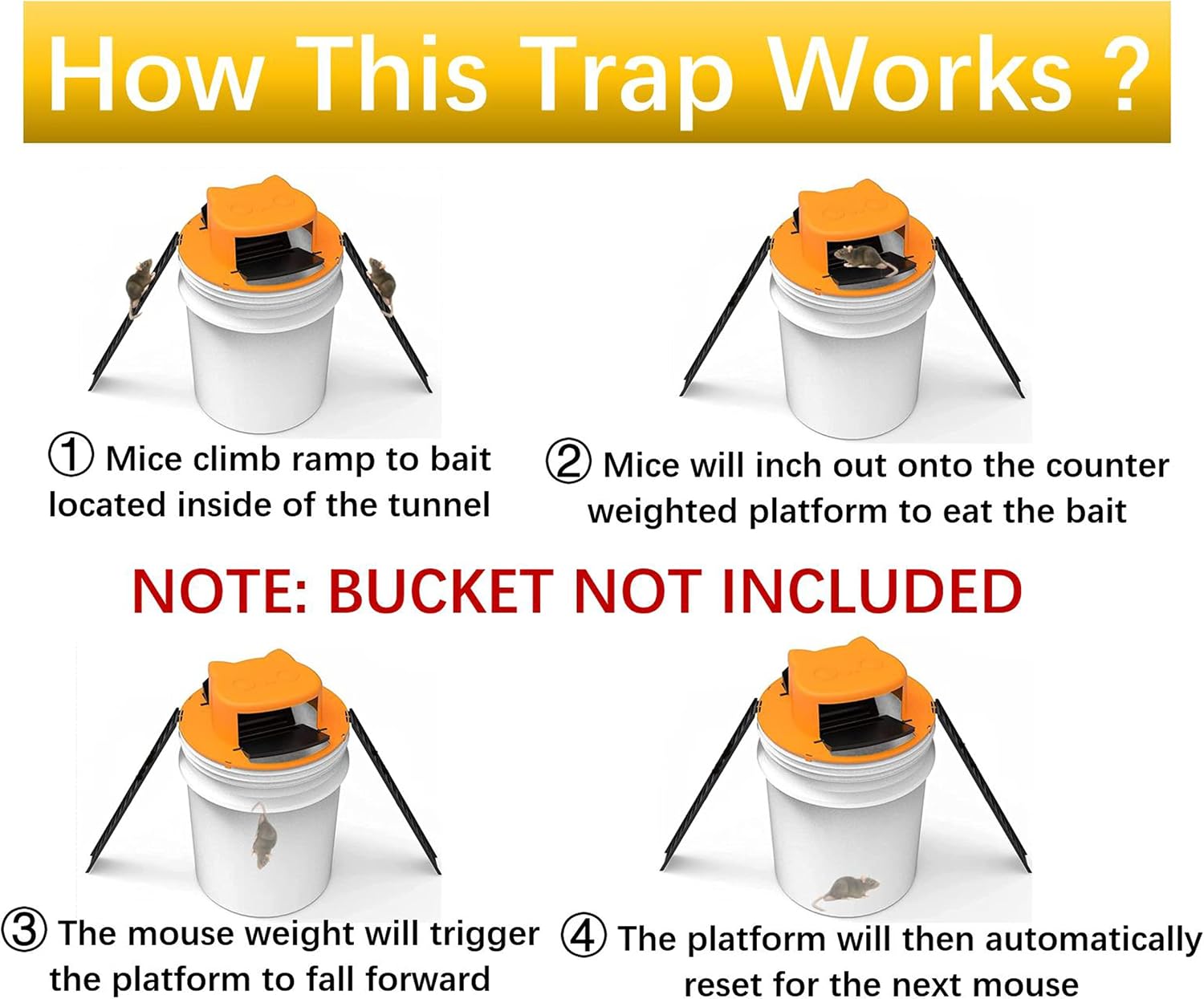 【3RD GEN Improved Design】 Carlio Bucket Mouse Trap Flip and Slide Bucket Lid Rat Trap Indoor Outdoor Mice Trap (1PC Yellow Improved Design)