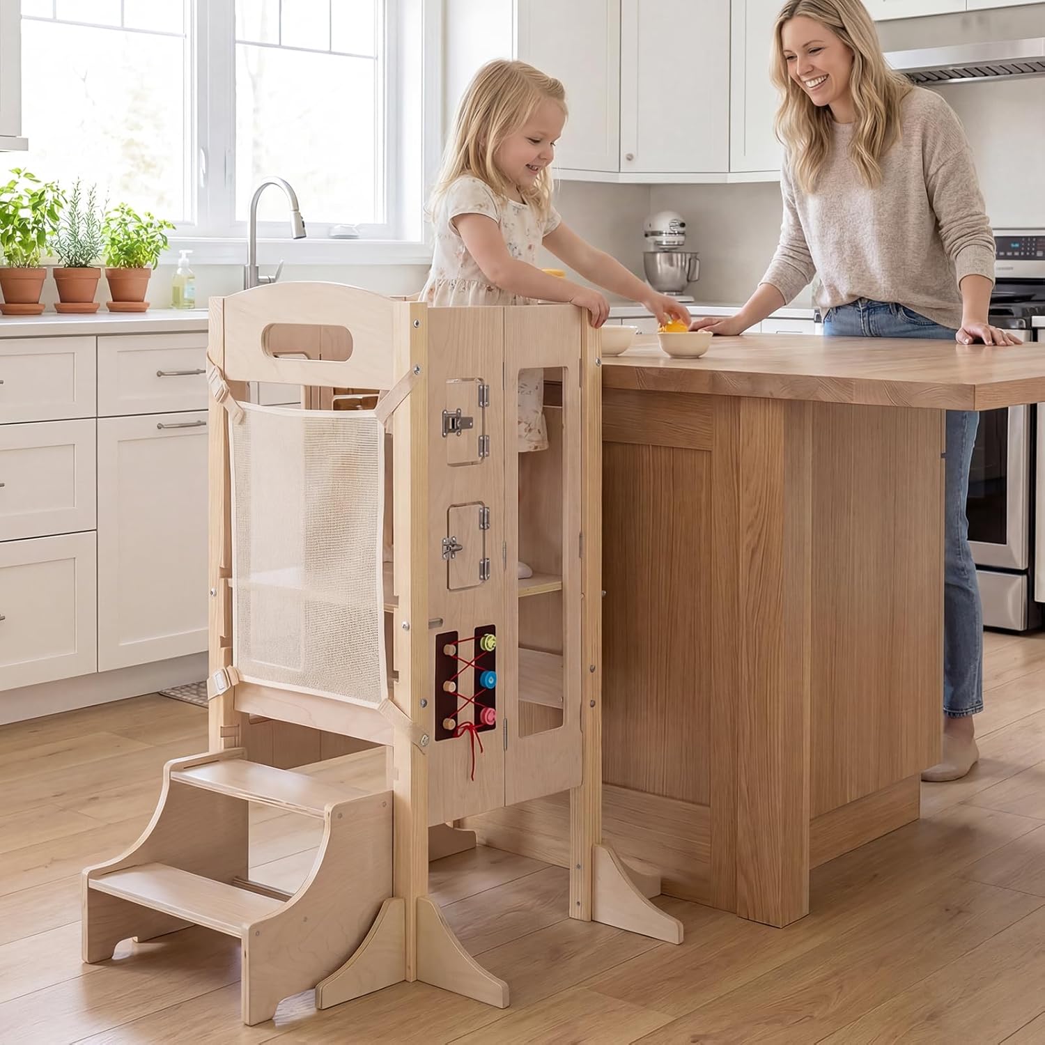 Costzon Foldable Toddler Step Stool, Wooden Kitchen Standing Tower with 2-Step Stool, Adjustable Height, Chalkboard & Montessori Games, Detachable Safety Net, Kids Helper for Boys & Girls