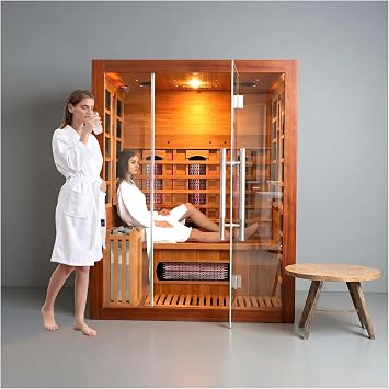 Luxury Dual-System Wood Sauna Room for 3 Person, Hybrid Indoor Sauna Spa,Canadian Red Cedar, 4.5KW Heater, 195F Steam+149F Far Infrared, 10 Heating Elements, 220V, Oxygen Ionizer, 8mm Tempered-Glass