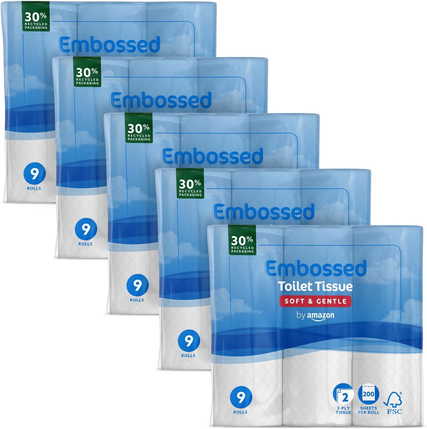 by Amazon Toilet Roll, 2Ply Embossed, Soft and Gentle, 45 Rolls (5