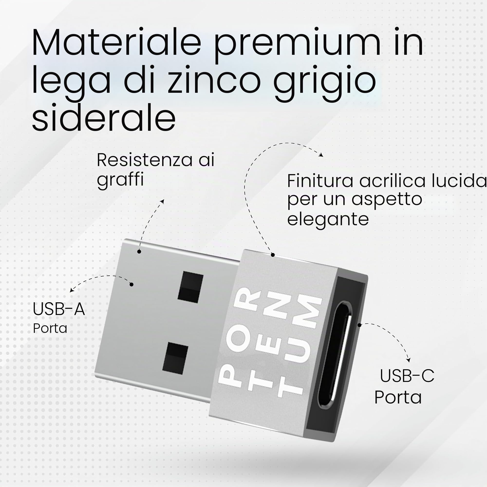 PORTENTUM Adattatore USB C Femmina a USB A Maschio 2.0 480 MB Zinco