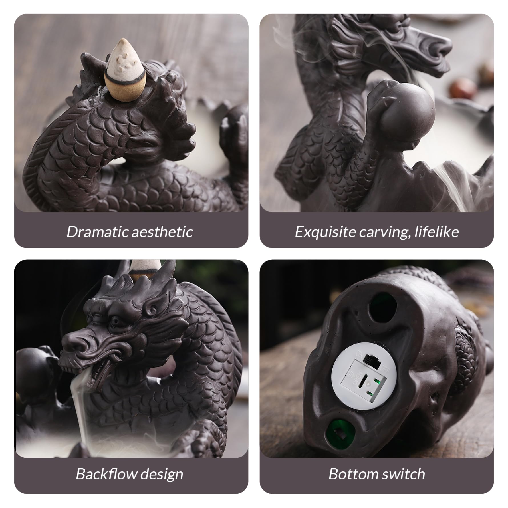 Porta di incenso del cranio Dragon Dragone Deterino incenso di Halloween Waterfall Desktop in ceramica LED per coni e bastoncini ..