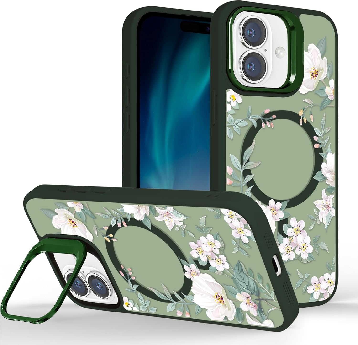 for iPhone 16 Magnetic Flower Case with Kickstand, Compatible with MagSafe, Built-in Camera Ring Stand, Floral Pattern Slim Translucent Frosted Green Cover for Girls Women, Magnolia